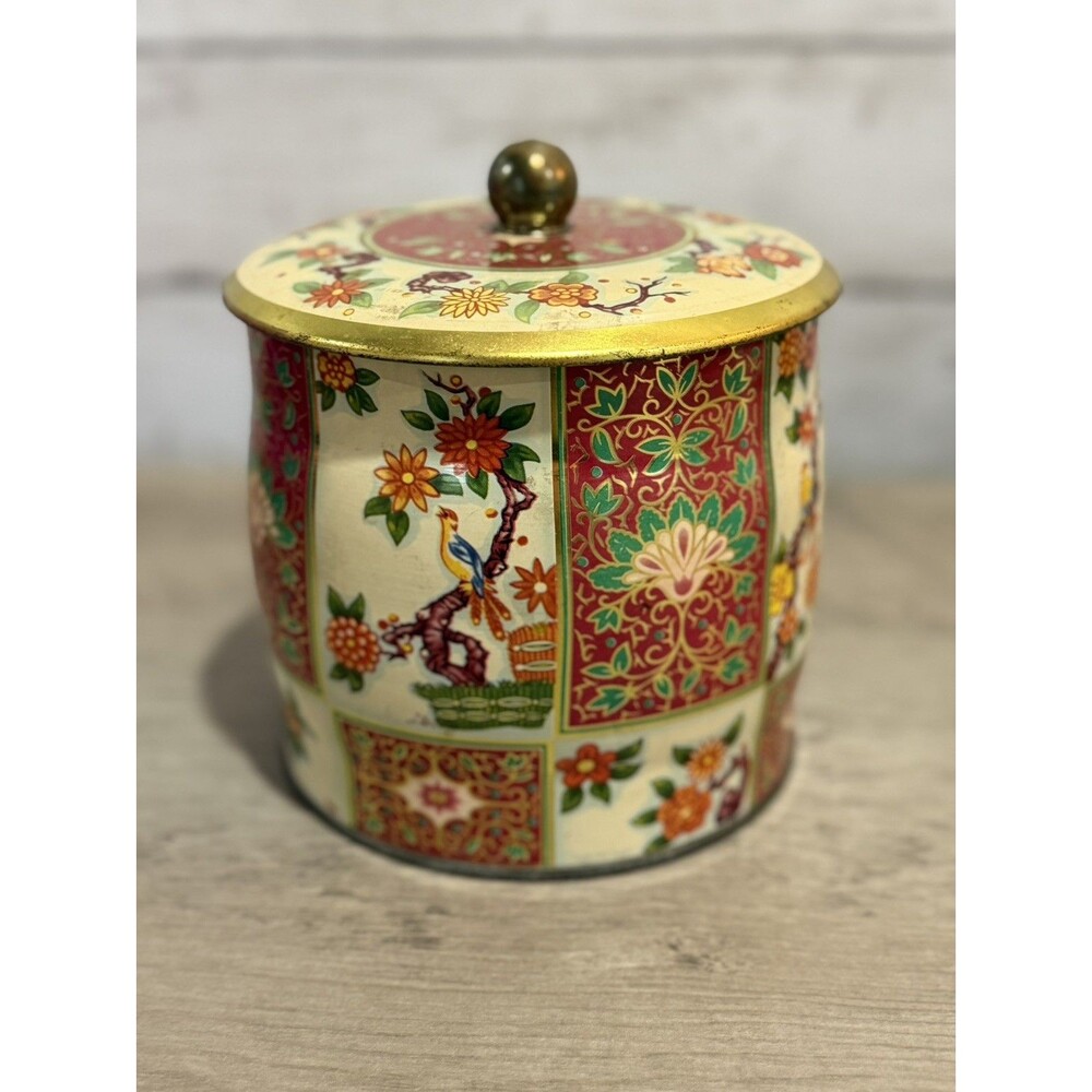 Vintage Daher England Floral Biscuit Tin Metal Container 6” Tall with Lid